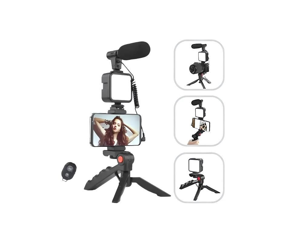 Kit de Grabación Vlogging Trípode Luz Led y Micrófono