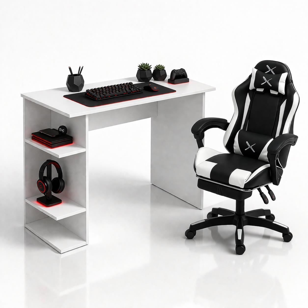Silla Gamer Lyzor con Posapiés SGBWTWN135A Negra y Blanca + Escritorio Merci Hogar Sky Niebla Blanco