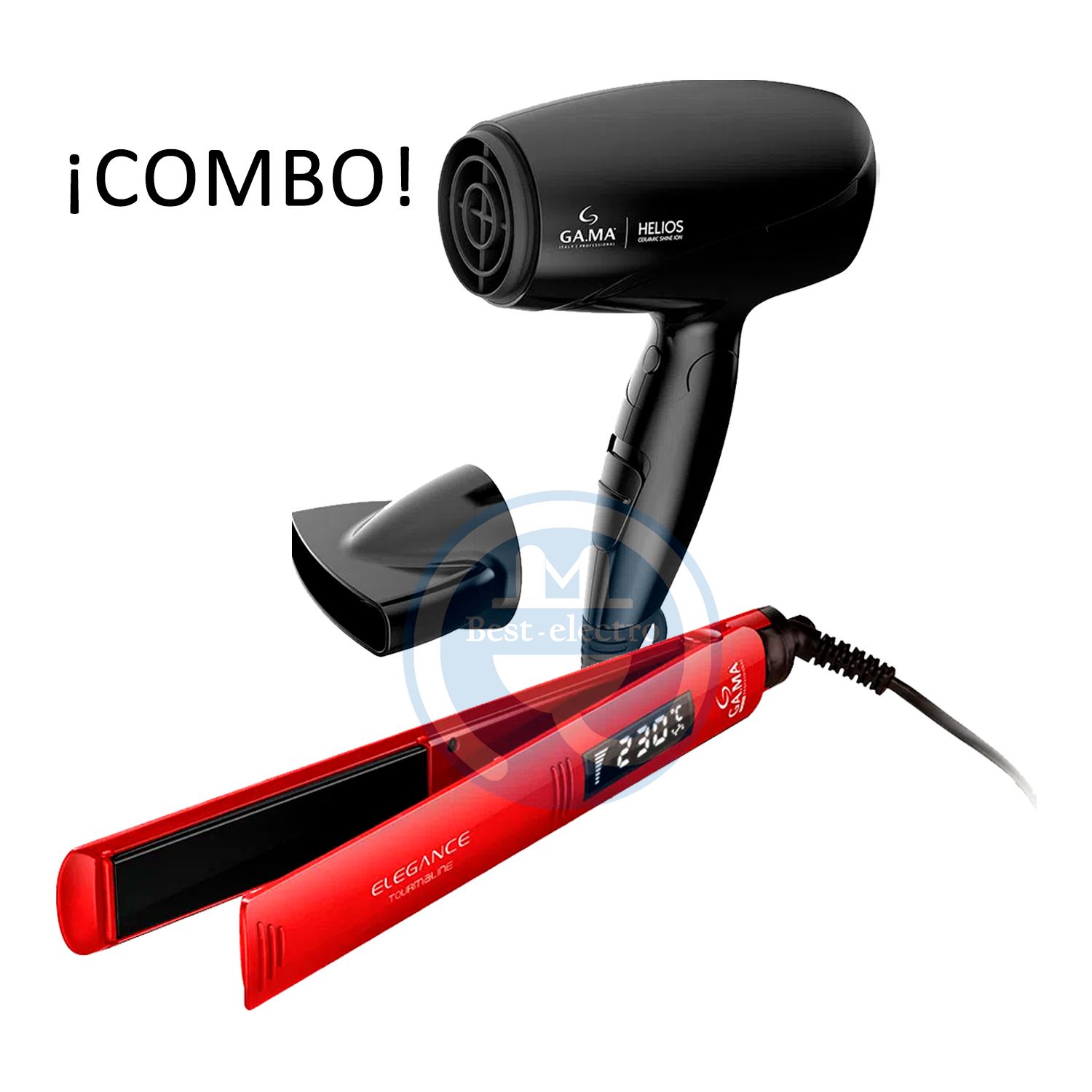 Combo Gama Alisadora Elegance Tourmaline y Secador Helios Plegable.