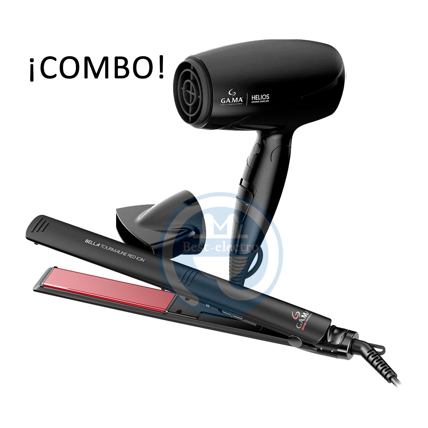 Combo Gama Alisadora Bella Tourmaline y Secador Helios Plegable.