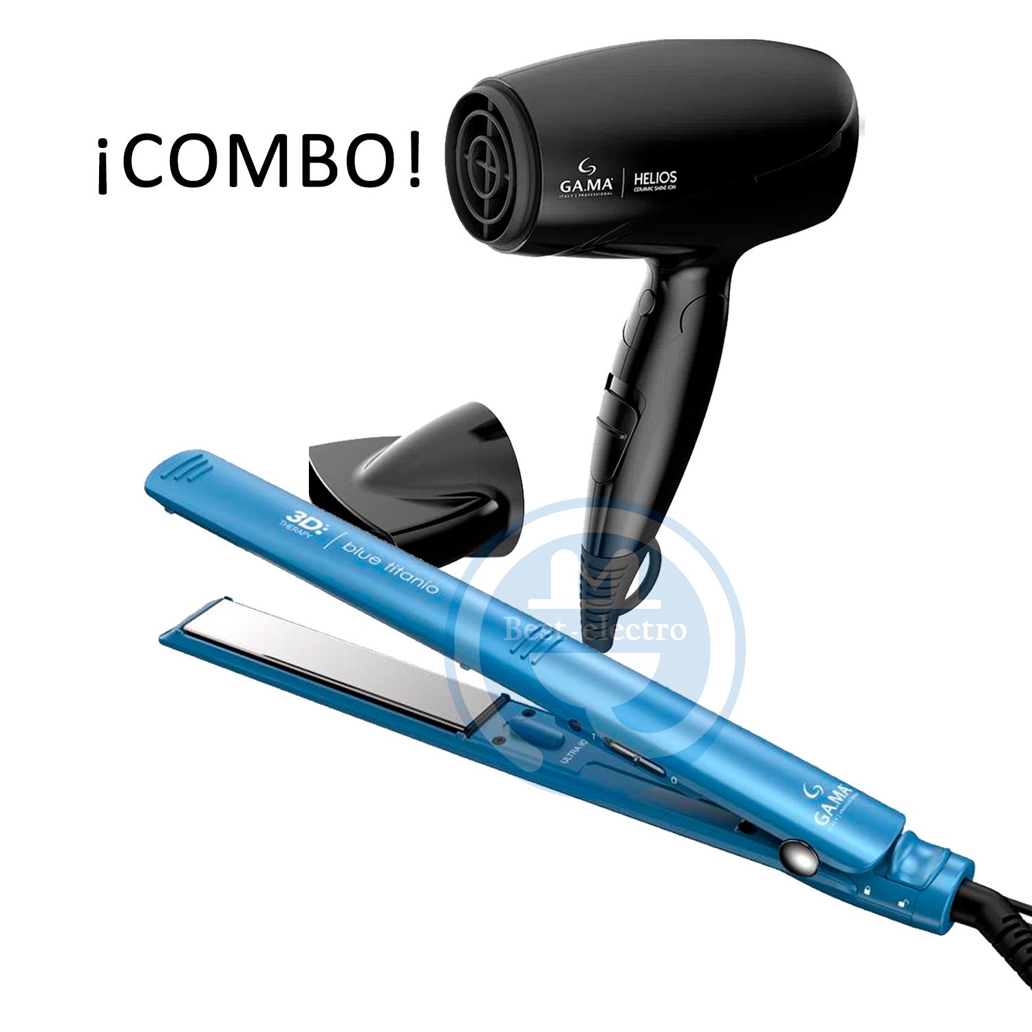 Combo Gama Alisadora Blue Titanio y Secador Helios Plegable.