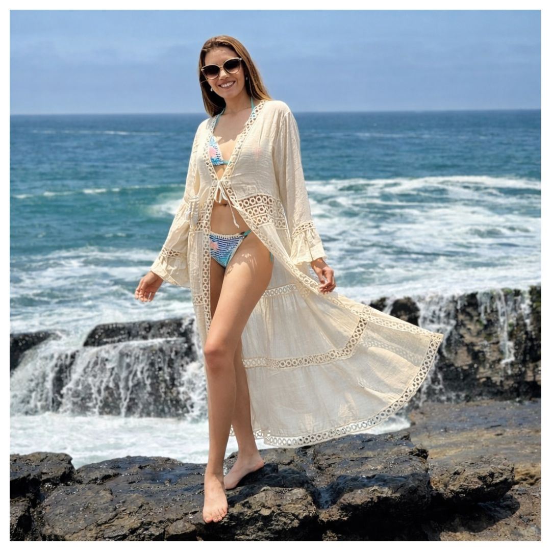 Salida De Playa Largo Con Tejido Y Tela Con Acabado Elegante