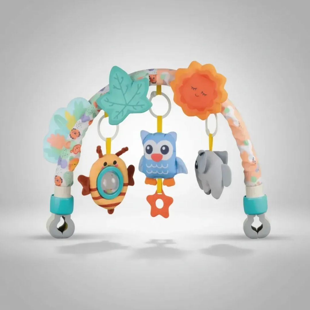 Arco móvil estimulación bebe coche cuna tela diseño de Buho