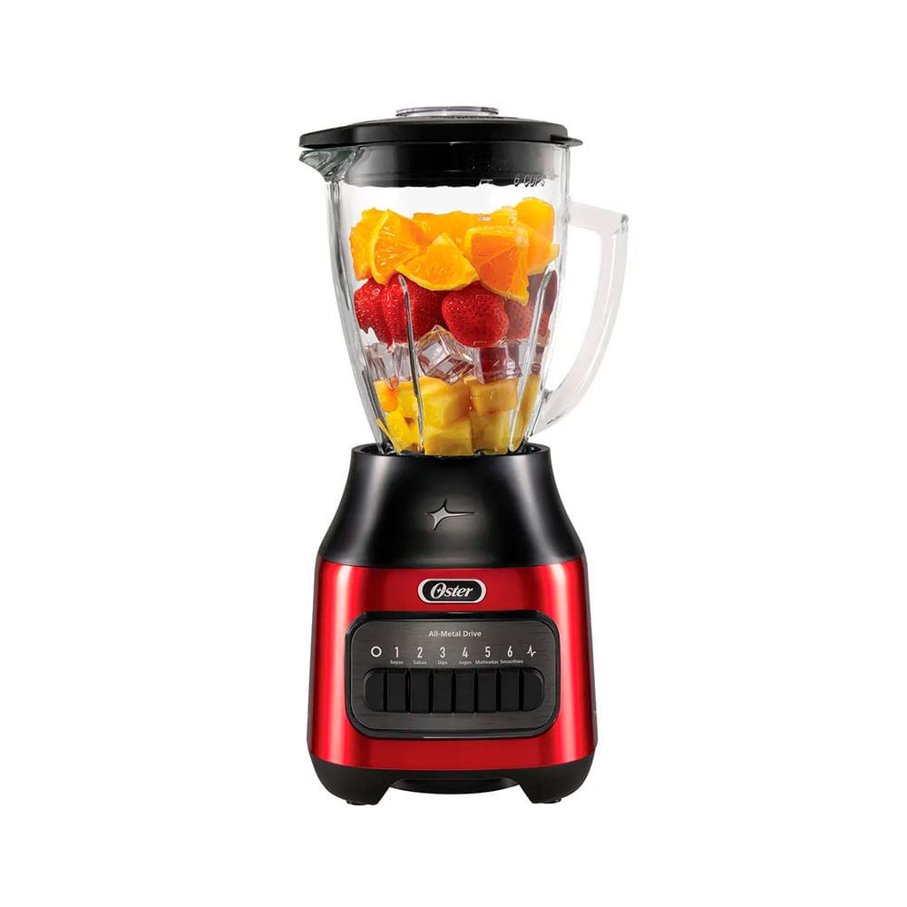 Licuadora Oster® BLSTPEG-CPB 1.5 L – 6 Velocidades + Pulso, Vaso de Vidrio Rojo