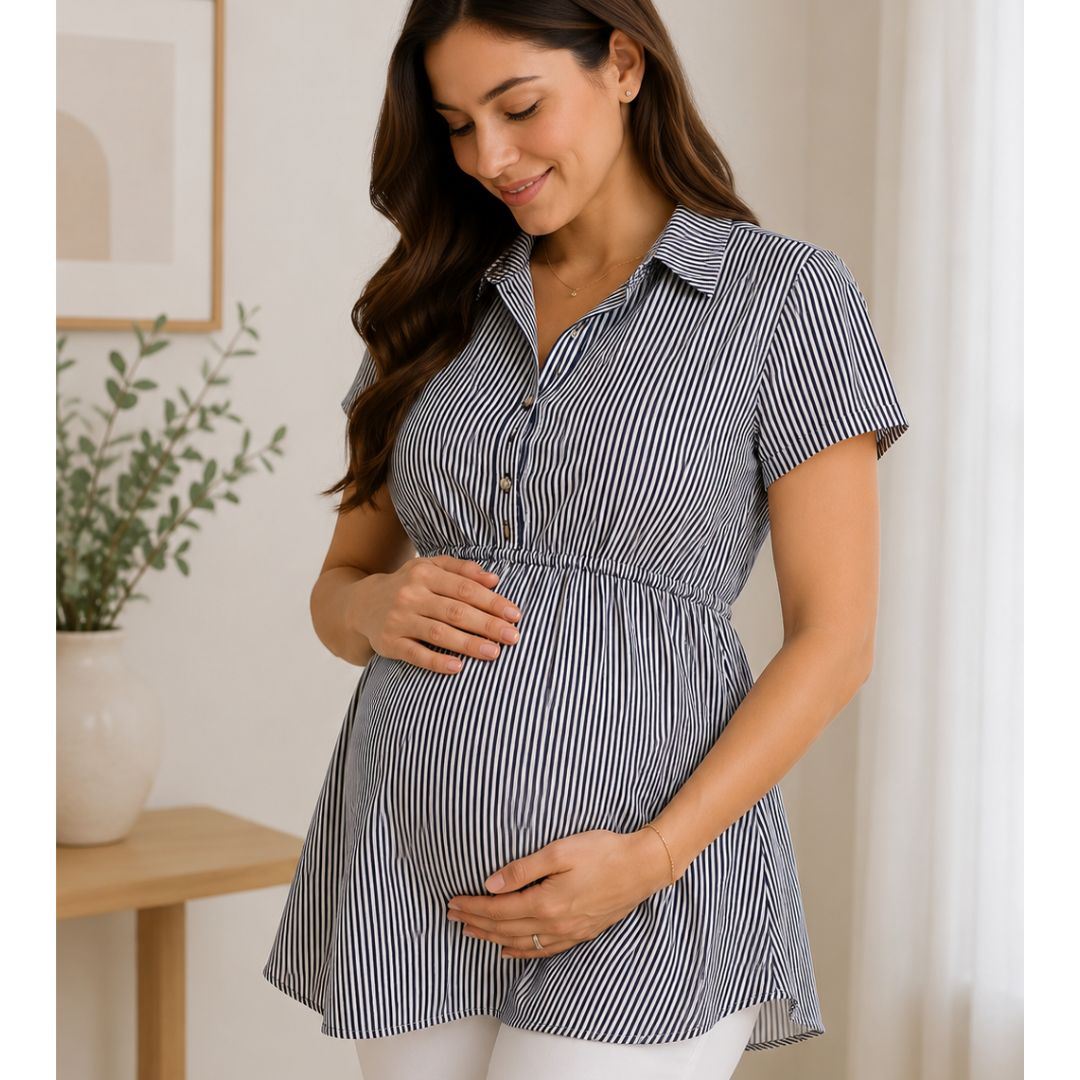 Blusa De Tela Con Cuello De Vestir Con Pita Atrás De Rayas