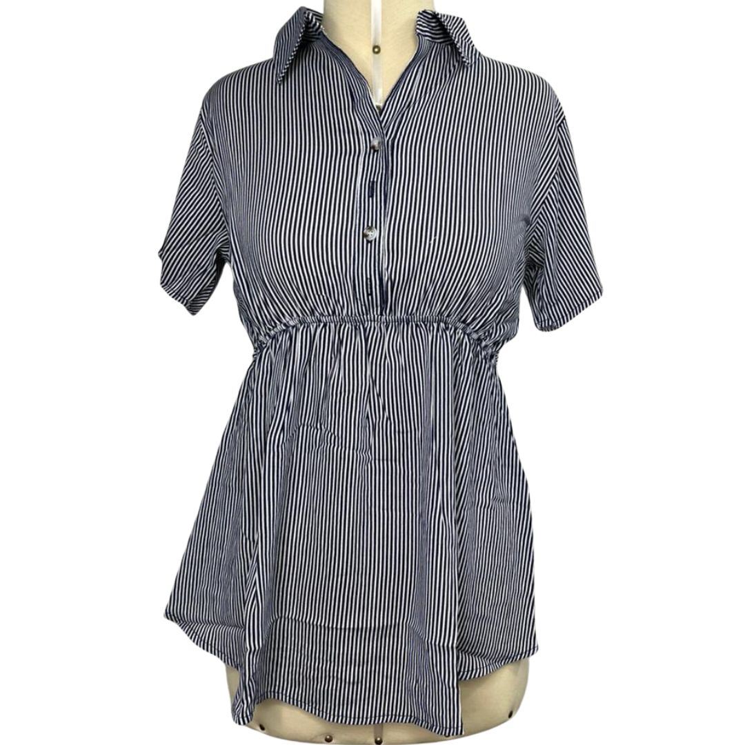 Blusa De Tela Con Cuello De Vestir Con Pita Atras De Rayas