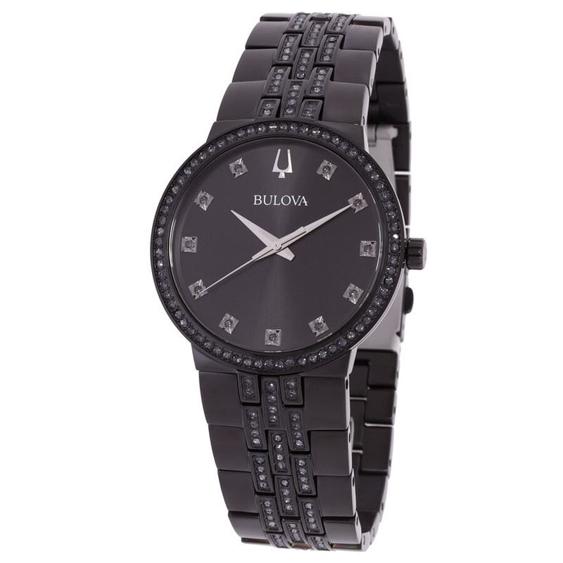 Bulova Classic Set Crystal Black Dial Watch and Necklace 98K116