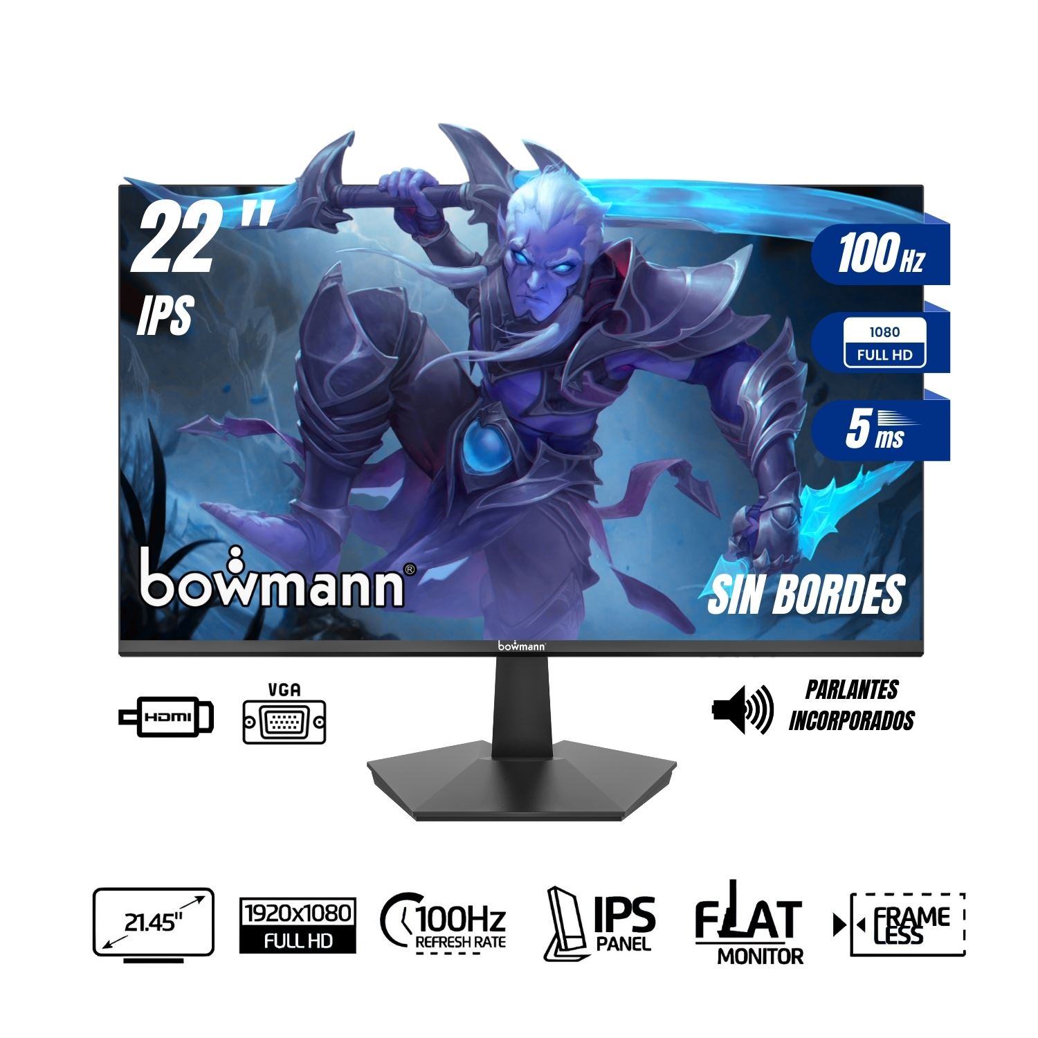 Monitor 22" Full HD 100 Hz IPS HDMI VGA con Parlantes BOWMANN BW-22MF