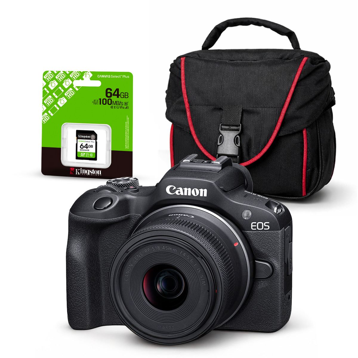 Cámara Mirrorless EOS R100 + Lente RF S 18-45mm f/4.5-6.3 IS STM + Kit Básico