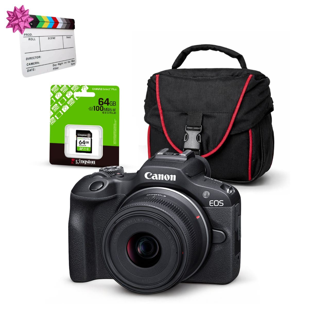 Cámara Mirrorless EOS R100 + Lente RF S 18-45mm f/4.5-6.3 IS STM + Kit Básico