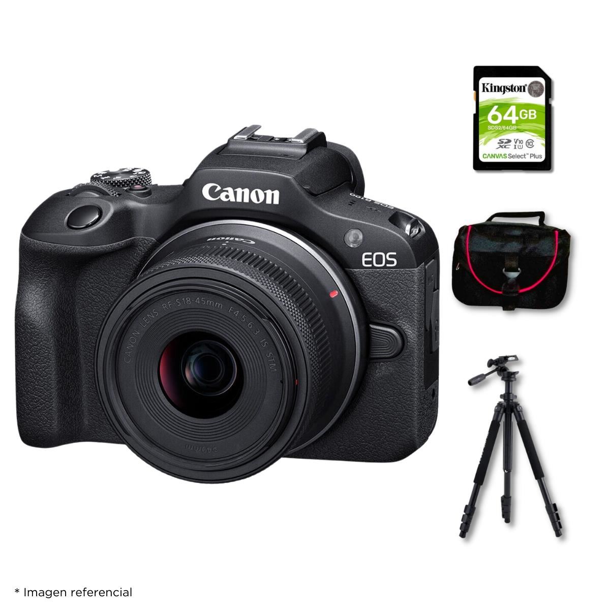Cámara Mirrorless EOS R100 + Lente RF S 18-45mm f/4.5-6.3 IS STM + Kit Deluxe