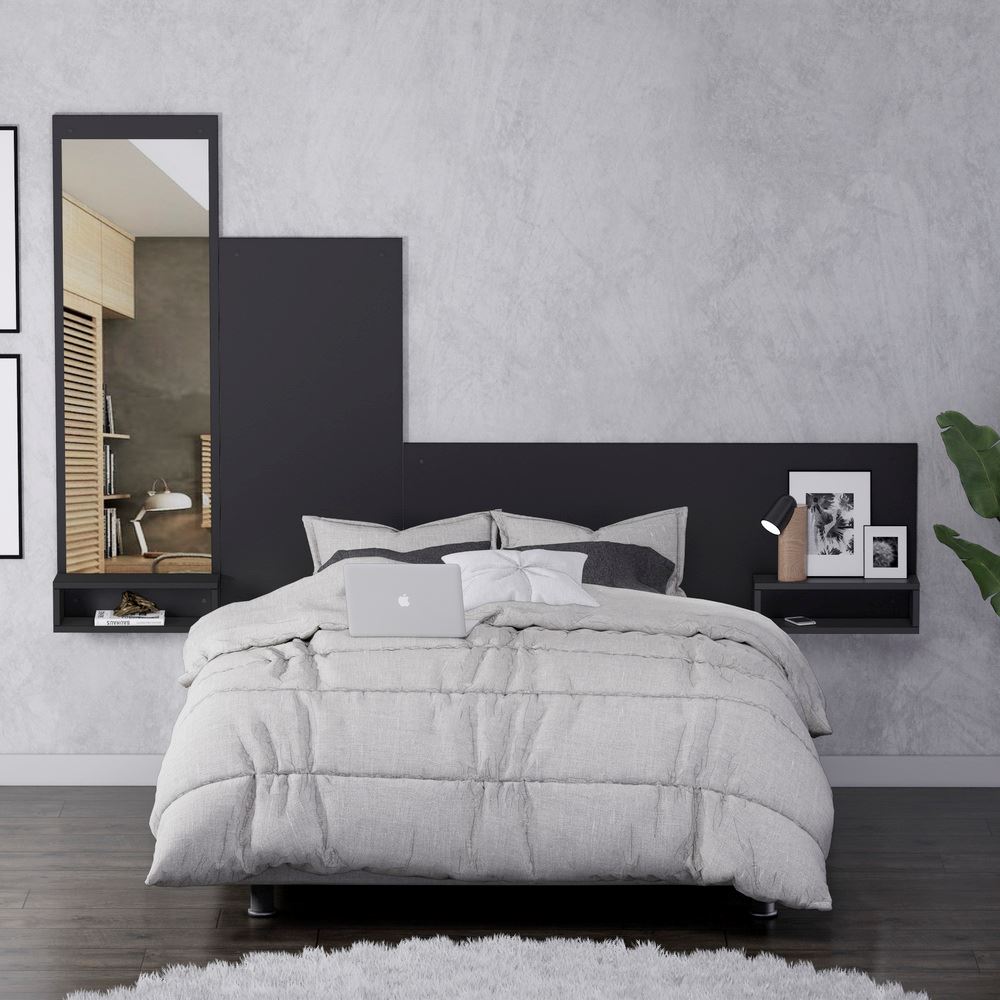 Cabecera Flotante 2 Plazas Olivo con Espejo Negro Movenda