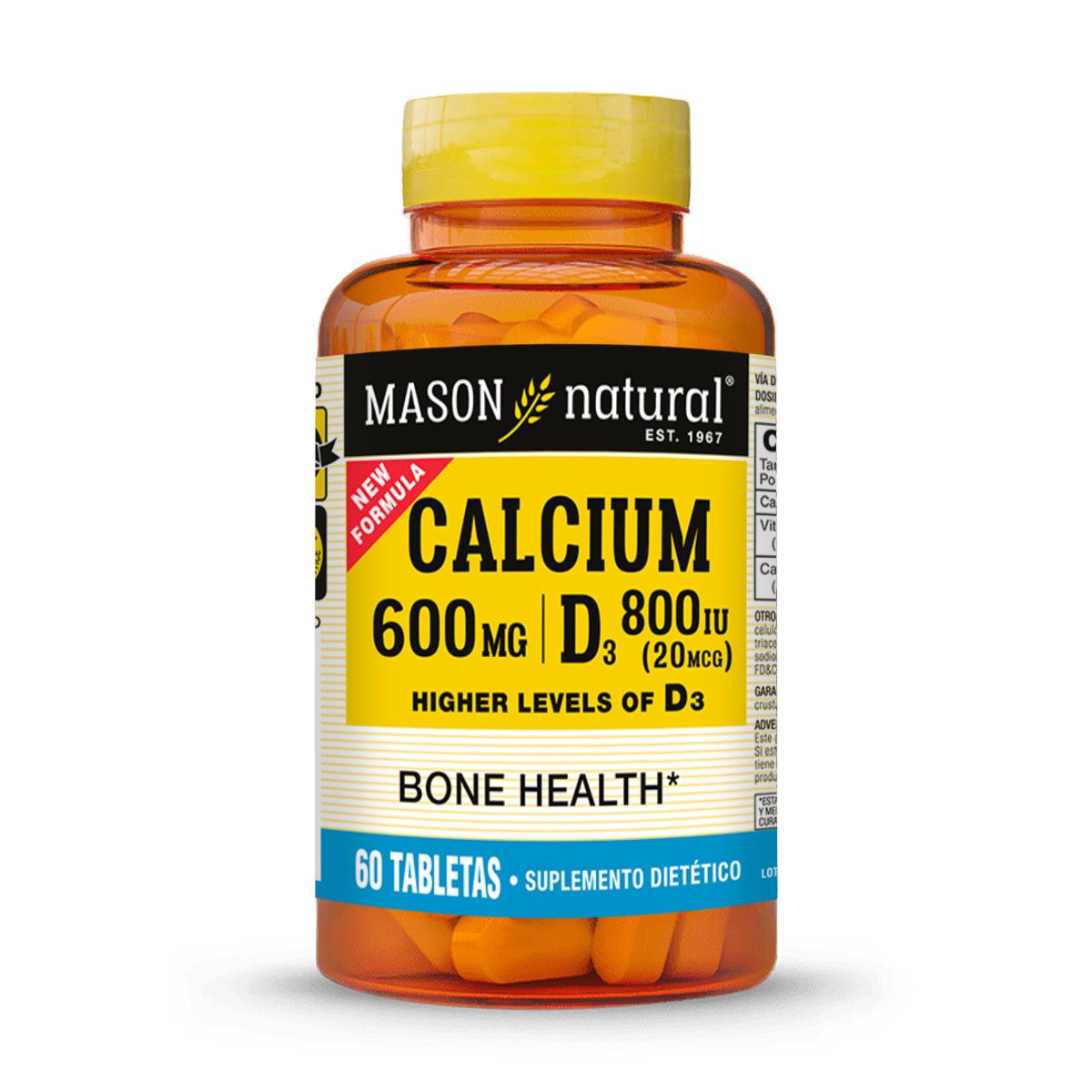 Calcio 600 MG + Vitamina D3 800 IU (20MCG) - Mason Natural - 60 Tabletas