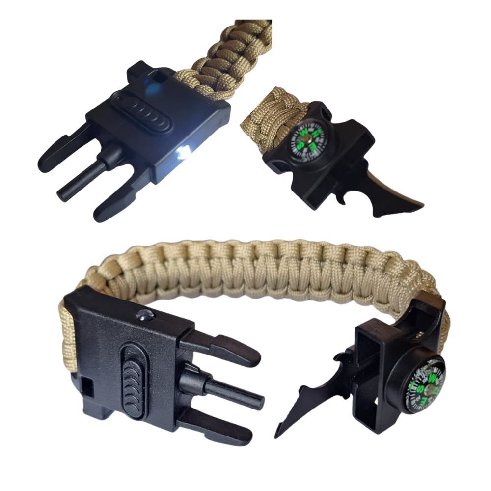 Pulsera Tactica Paracord Camping y Supervivencia Con Navaja Silbato Mechero Brujula y Linterna Coyote