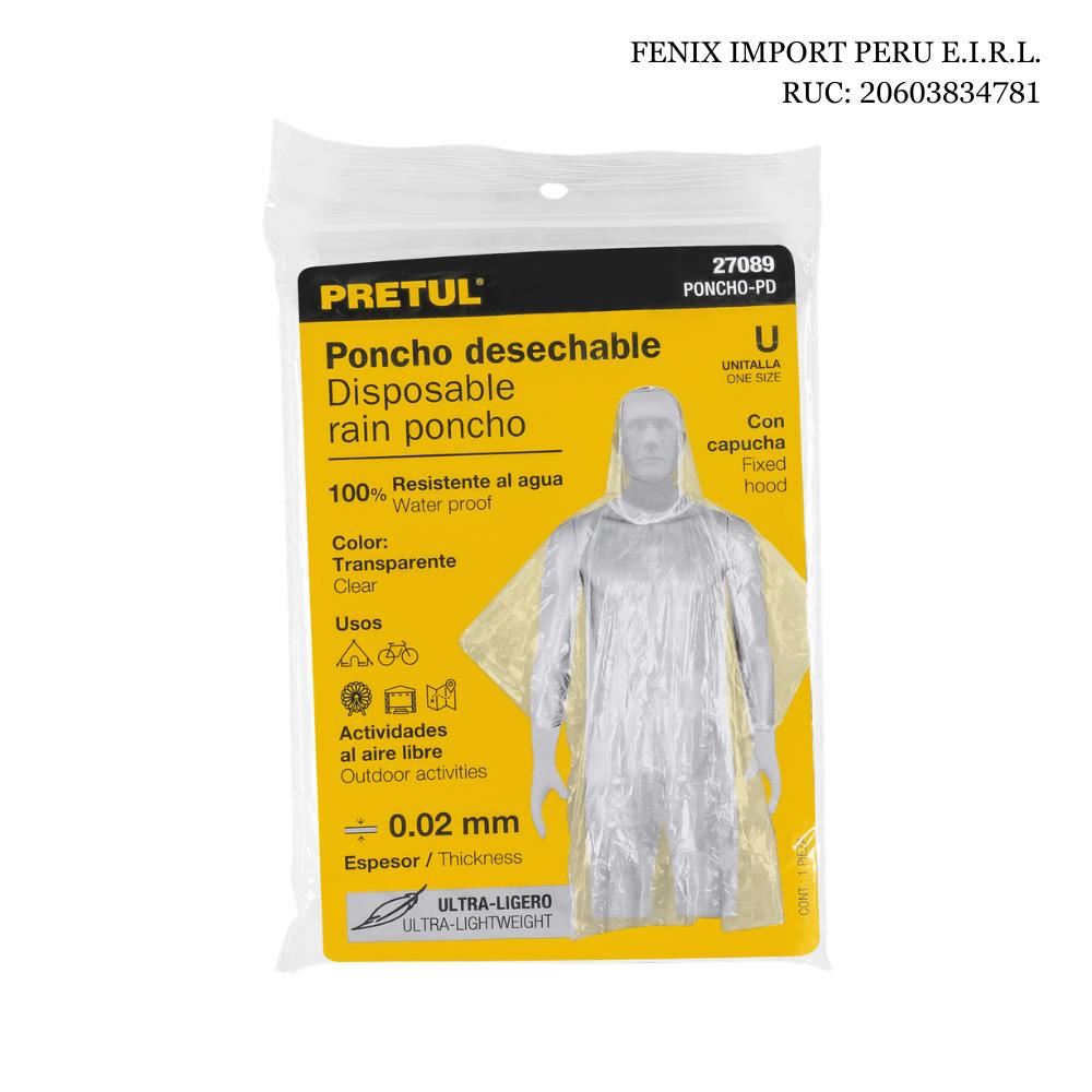 Poncho Capamanga Desechable de Polietileno Impermeable Transparente Unitalla para Lluvias Pretul PONCHO-PD