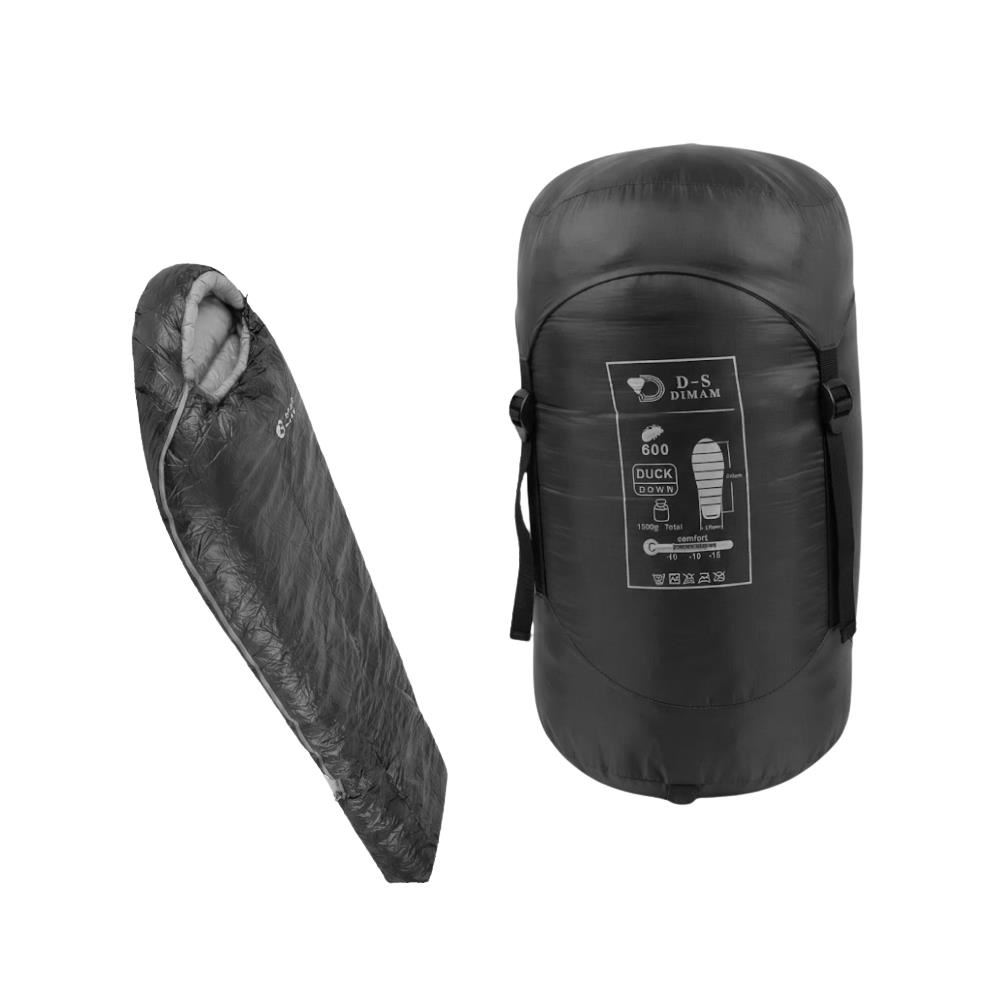 Bolsa de Dormir 210 x 80 cm Tipo Momia con Relleno de Plumon de Pato Ultraligera DIMAN Duck Down Negro