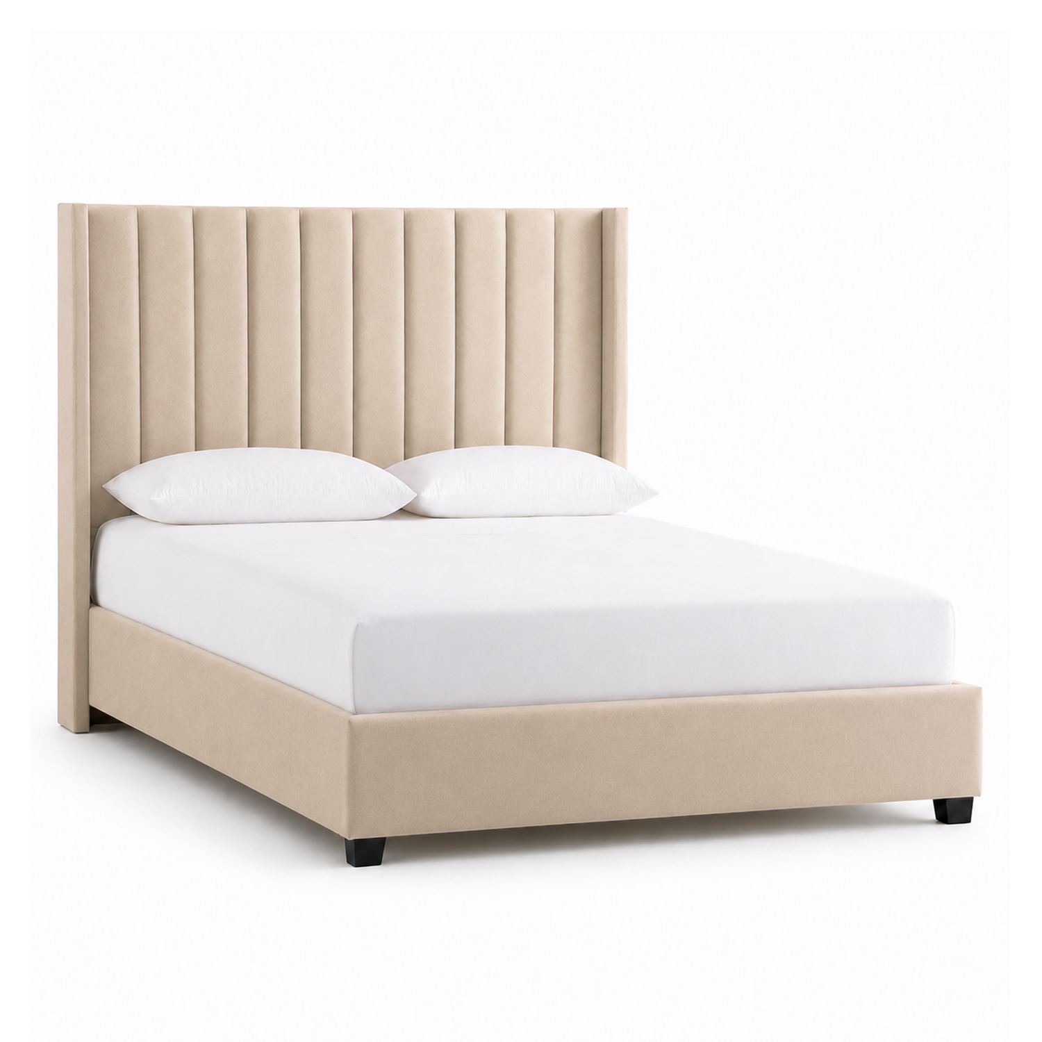 Cama Tapizada Listón Beige con Patas de Madera 2 Plazas