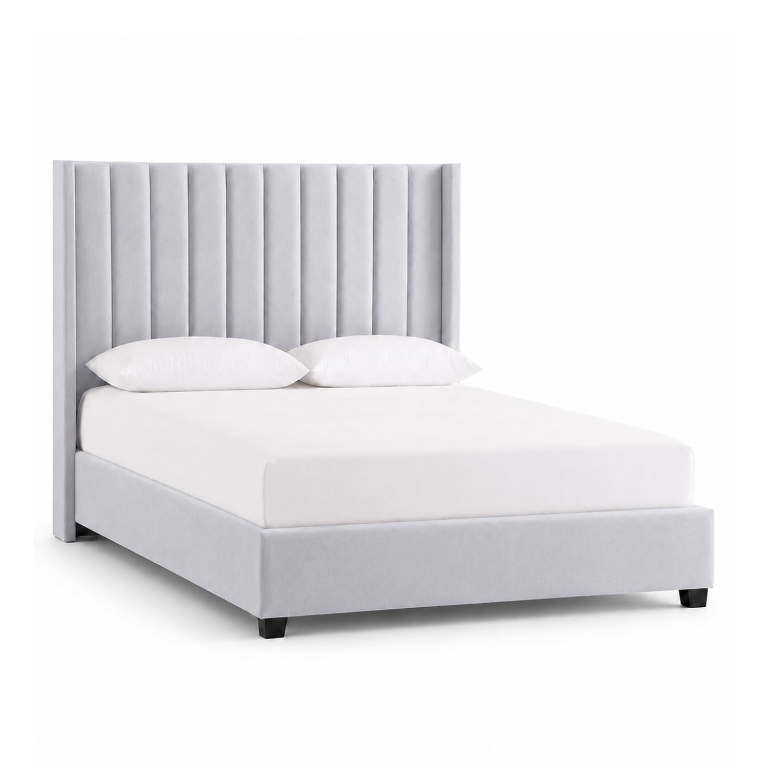 Cama Tapizada Listón Gris Claro con Patas de Madera 1.5 Plz