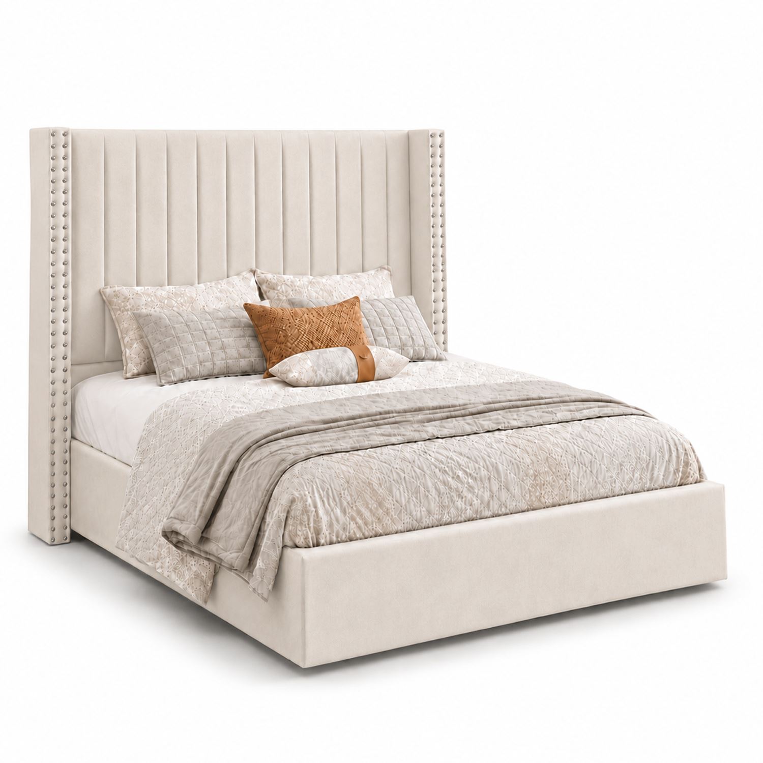Cama Tapizada Listón Beige con Tachuelas 2 Plazas