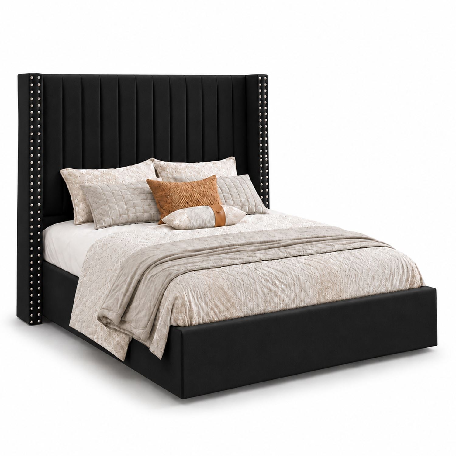 Cama Tapizada Listón Negro con Tachuelas 1.5 Plz