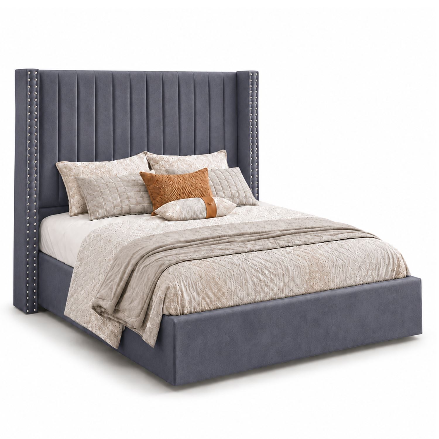 Cama Tapizada Listón Gris con Tachuelas 2 Plazas