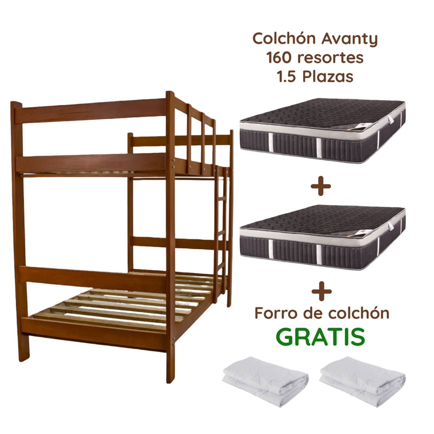 COMBO DORMITORIO CAMAROTE DE MADERA COLOR NOGAL DE 1.5 PLAZAS - 2 COLCHONES