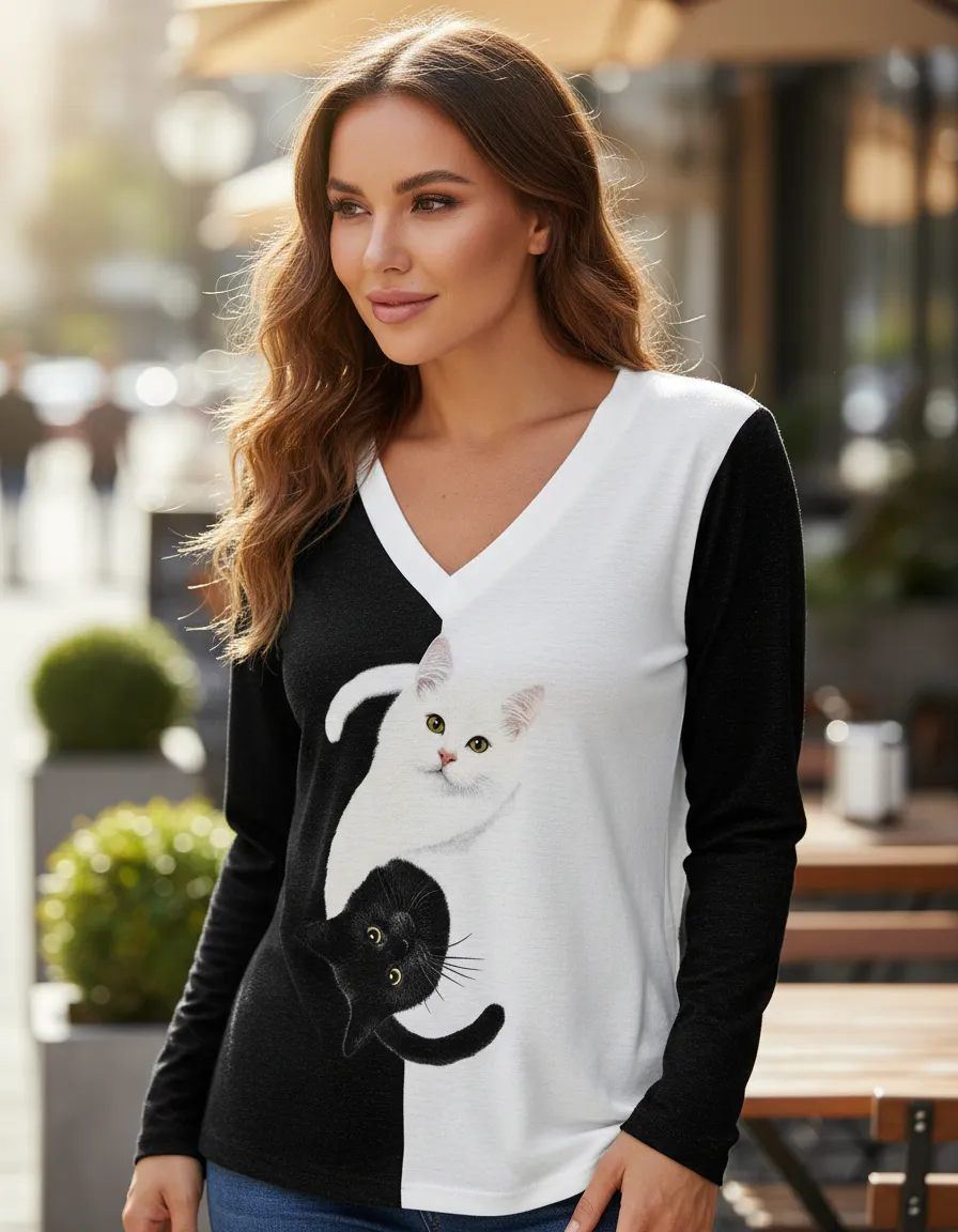 ✨ Camiseta Mujer Estampado Gatos Blanco y Negro Manga Larga ✨