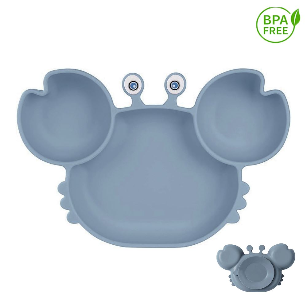 Plato silicona cangrejo celeste grisaceo con ventosa para bebe