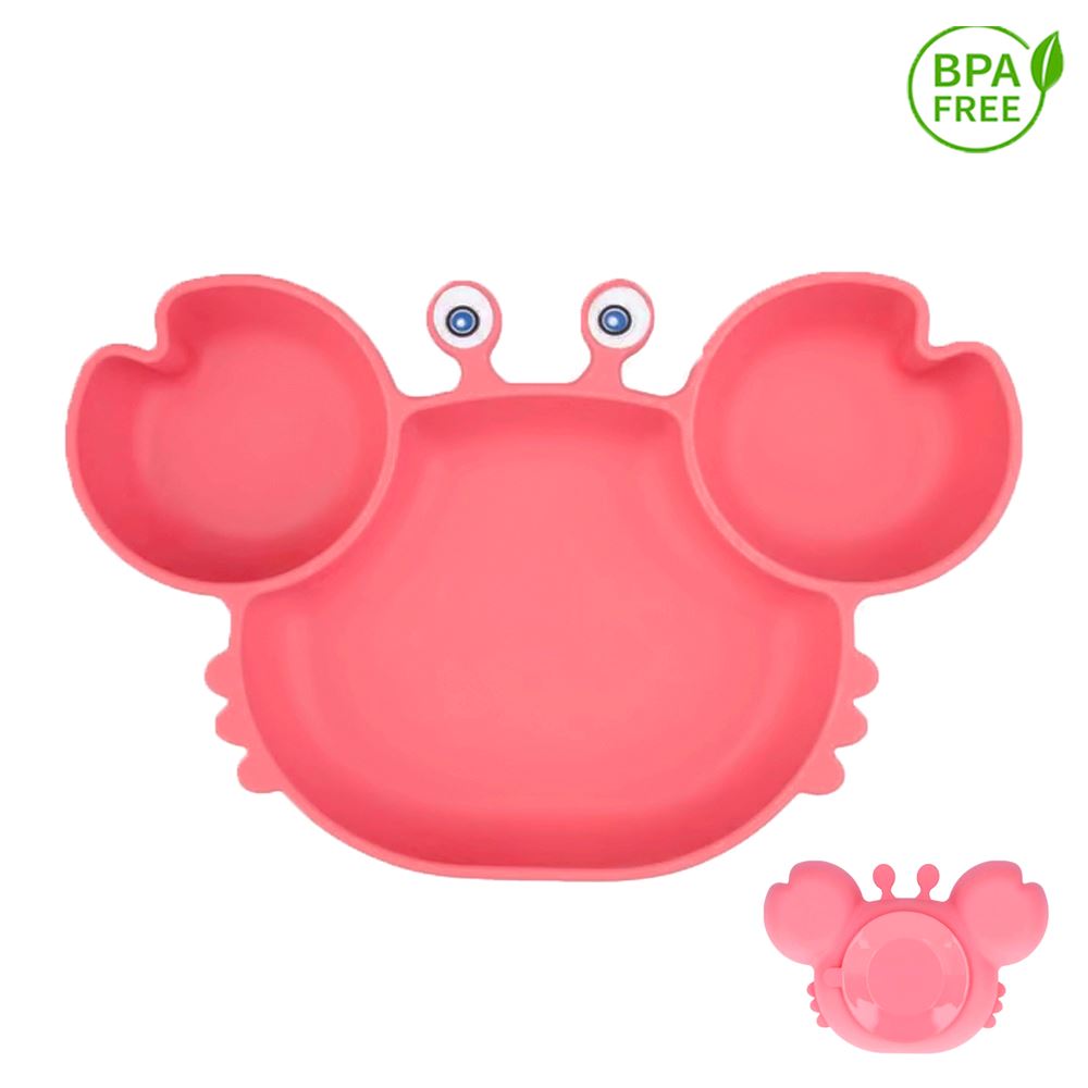 Plato silicona cangrejo rosa chicle con ventosa para bebe