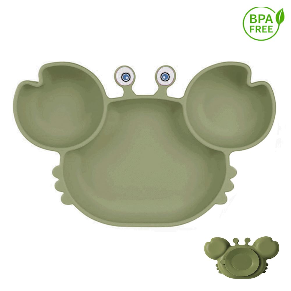 Plato silicona cangrejo verde militar con ventosa para bebe
