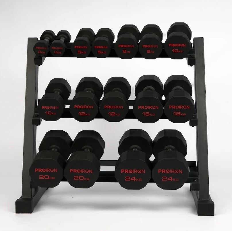 Set de mancuernas dodecagonales de 196KG + Rack  de 3 niveles