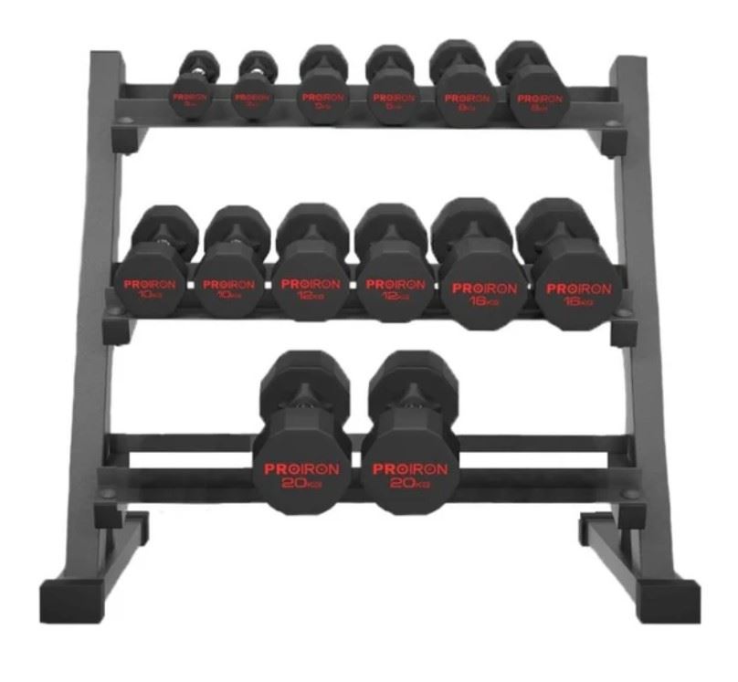Set de mancuernas dodecagonales de 148KG + Rack de 3 niveles