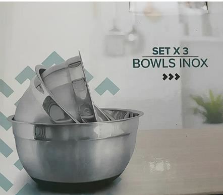 Set Bowls Acero Inoxidable x 3 Con Base de Silicona