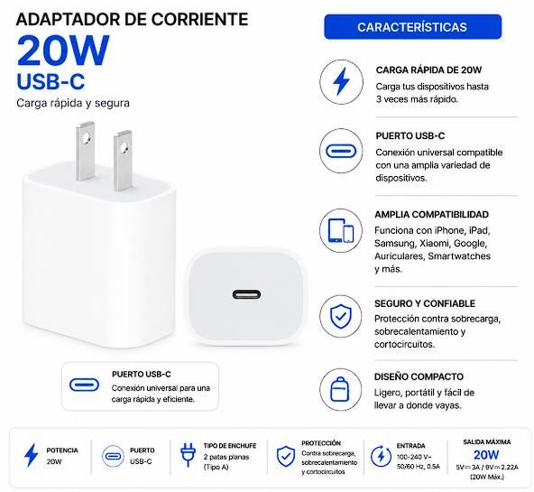 ADAPTADOR DE CORRIENTE APPLE USB-C DE 20W