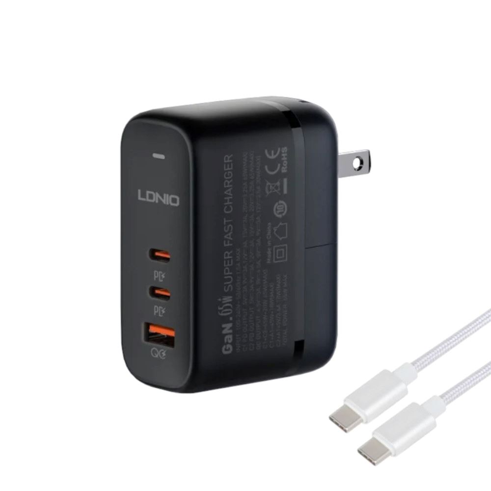 Cargador de 65W Carga Ultra Rápida Ldnio Q366 Incluye Cable tipo C y Plugs UK, EU y US