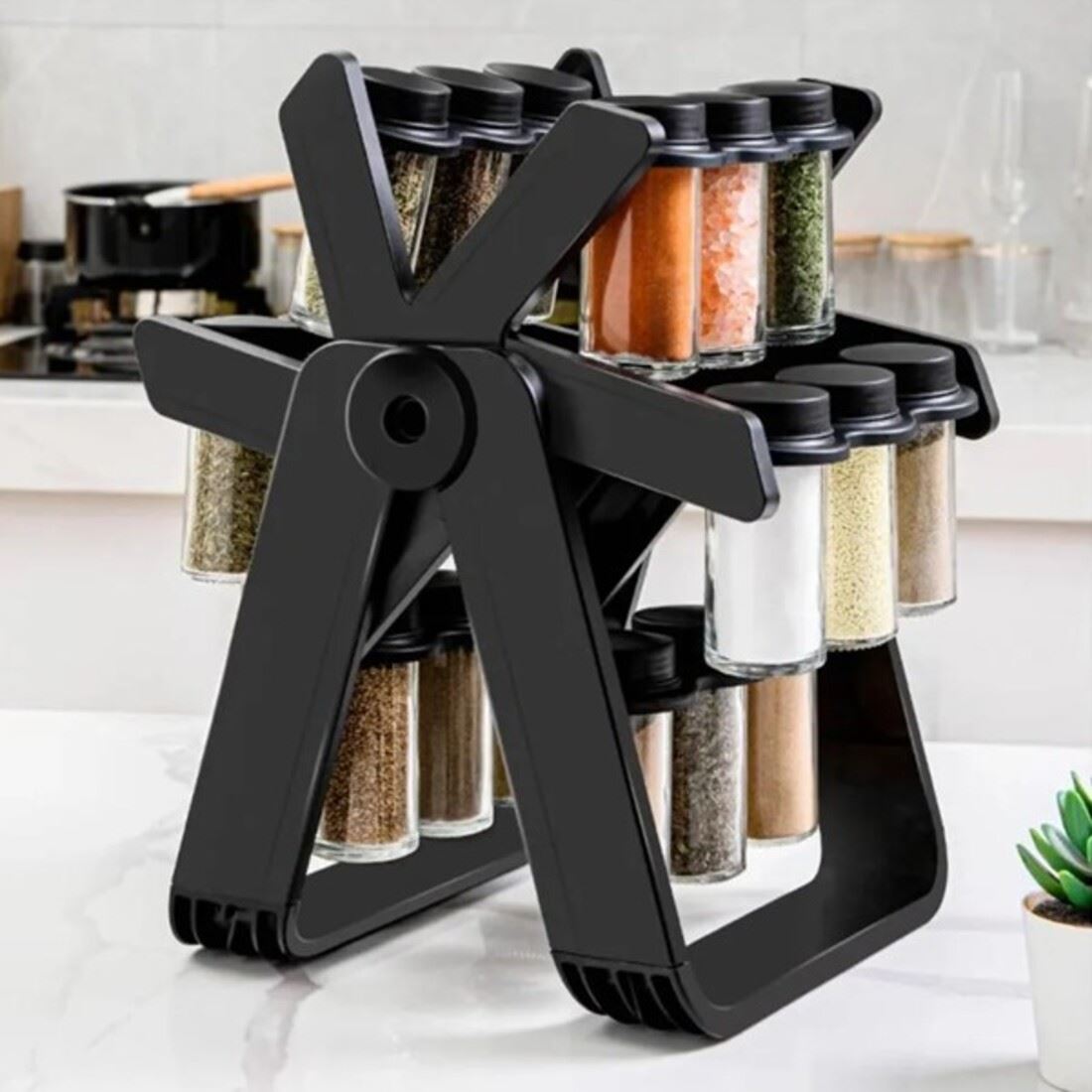 Condimentero Organizador y Especiero Carrusel de 18 Frascos Giratorio 360º Multiuso Negro