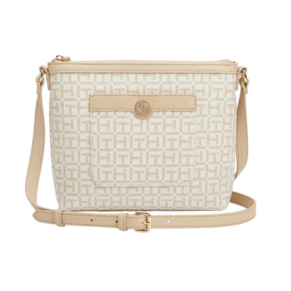 CARTERA JADEN PLUS BANDOLERA TOMMY HILFIGER 69J559 BEIGE CON BLANCO E ICONICO LOGO