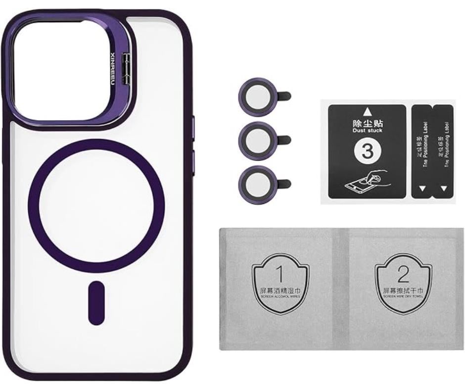 Case Magsafe con parante + Protector de cámara iPhone 15 Pro Morado