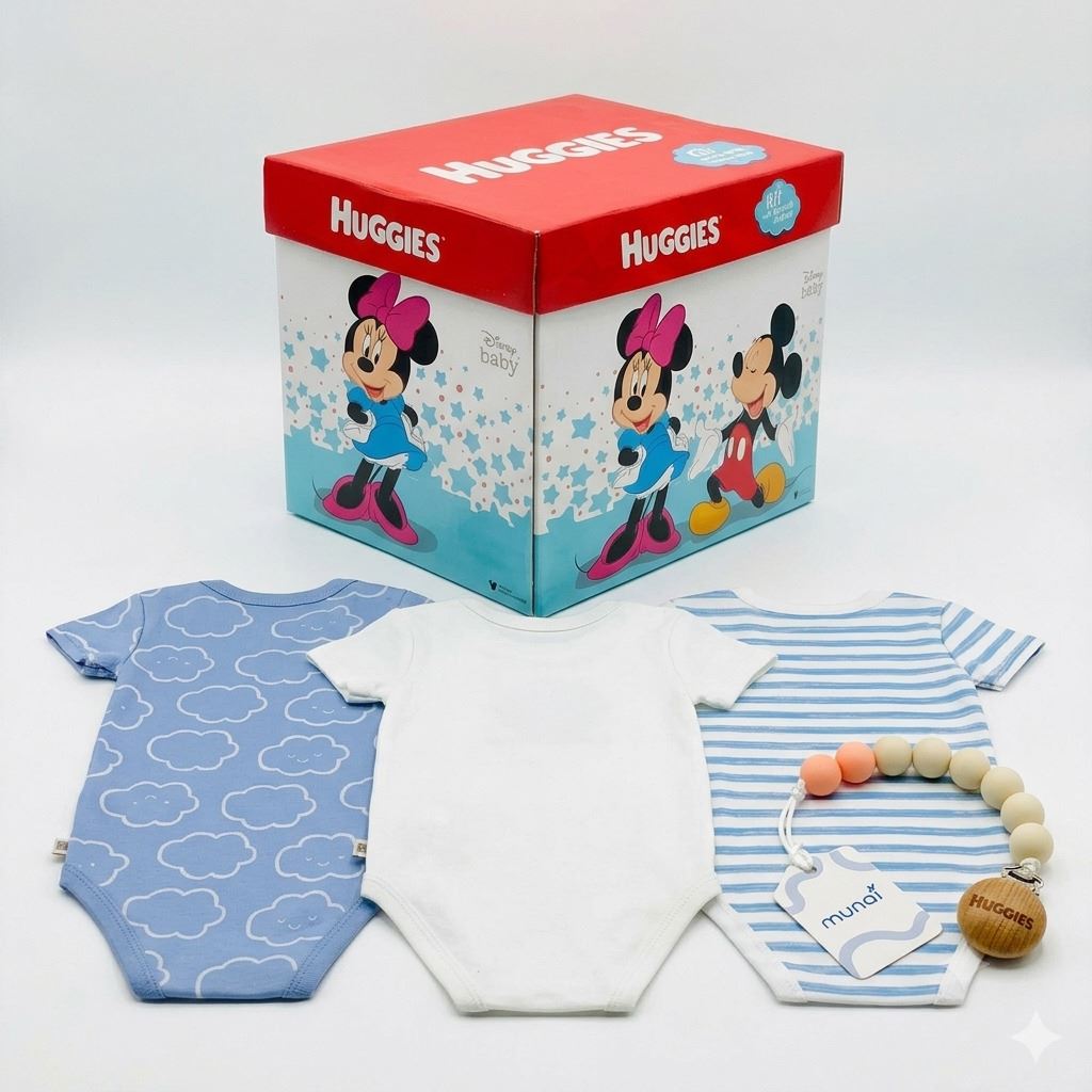 BODY NIÑO HUGGIES PACK X3 ALGODÓN ORGÁNICO DISEÑO NUBES CELESTE 6 MESES + PORTACHUPÓN Y CAJA DISNEY DE REGALO