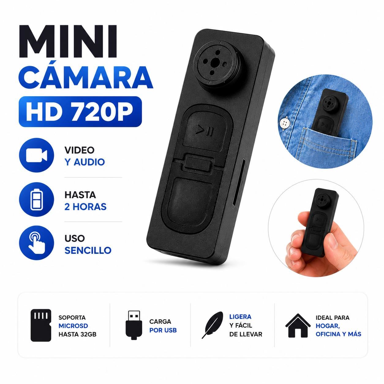 Mini Cámara HD 720P compacta y portátil.