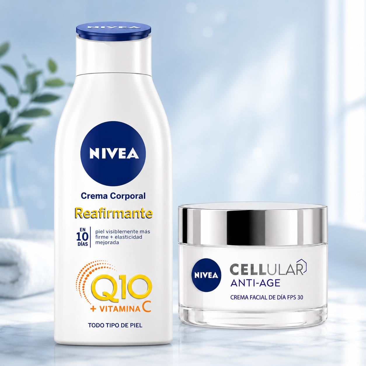 Pack Piel Firme y Radiante: Nivea Crema Corporal Reafirmante Q10 250ML + Nivea Cellular Crema de Día 50ML