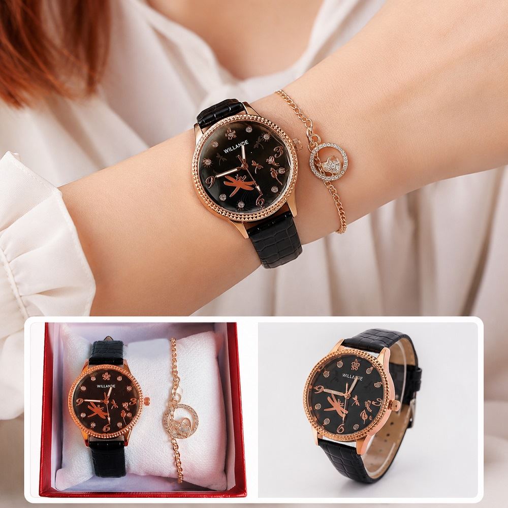 Reloj de mujer con correa cuero PU y pulsera en cajita