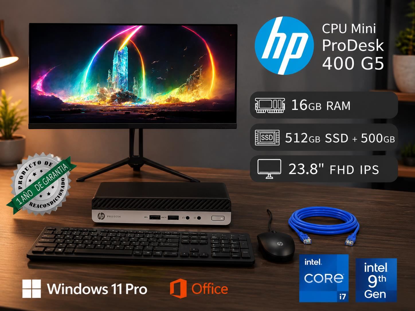 HP Mini Pc 400 Core i7 16GB RAM 512GB SSD + 500GB HDD Reacondicionada 1 Año Garantía + Monitor Nuevo 23.8" IPS FH 1920 x 1200