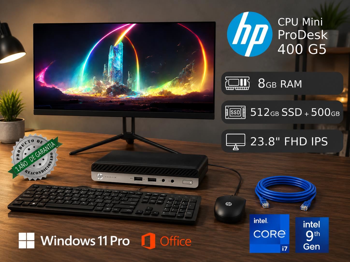 HP Mini Pc 400 Core i7 8GB RAM 512GB SSD + 500GB HDD Reacondicionada 1 Año Garantía + Monitor Nuevo 23.8" IPS FH 1920 x 1200