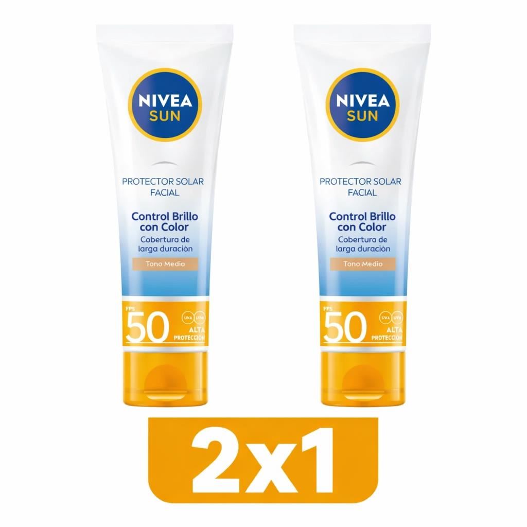Pack x2 Nivea Sun Protector Solar Facial Control Brillo con color FPS50 50ML - Tono Medio