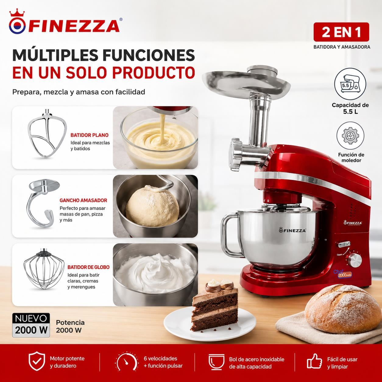 Batidora Eléctrica 5.5L 2000W Multifuncional 2 en 1