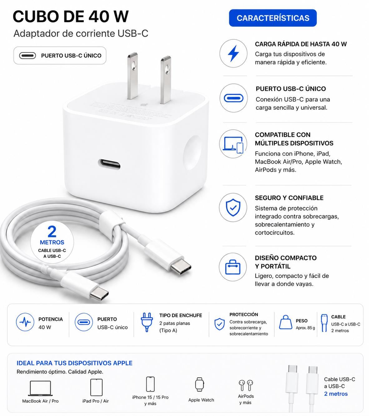 Apple - Pack cargador 40w + Cable Tipo C 2metros