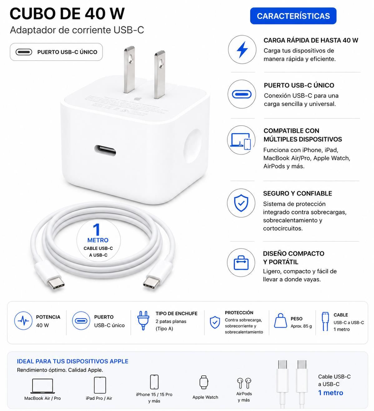 Apple - Pack cargador 40w + Cable Tipo C 1 metro