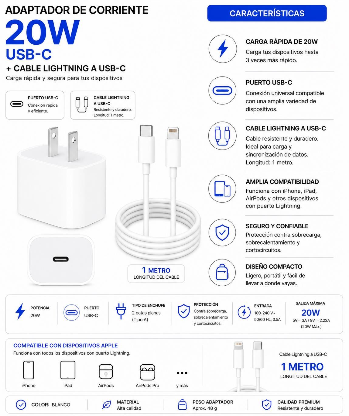 Apple - Pack cargador 20w + Cable Tipo Lightling