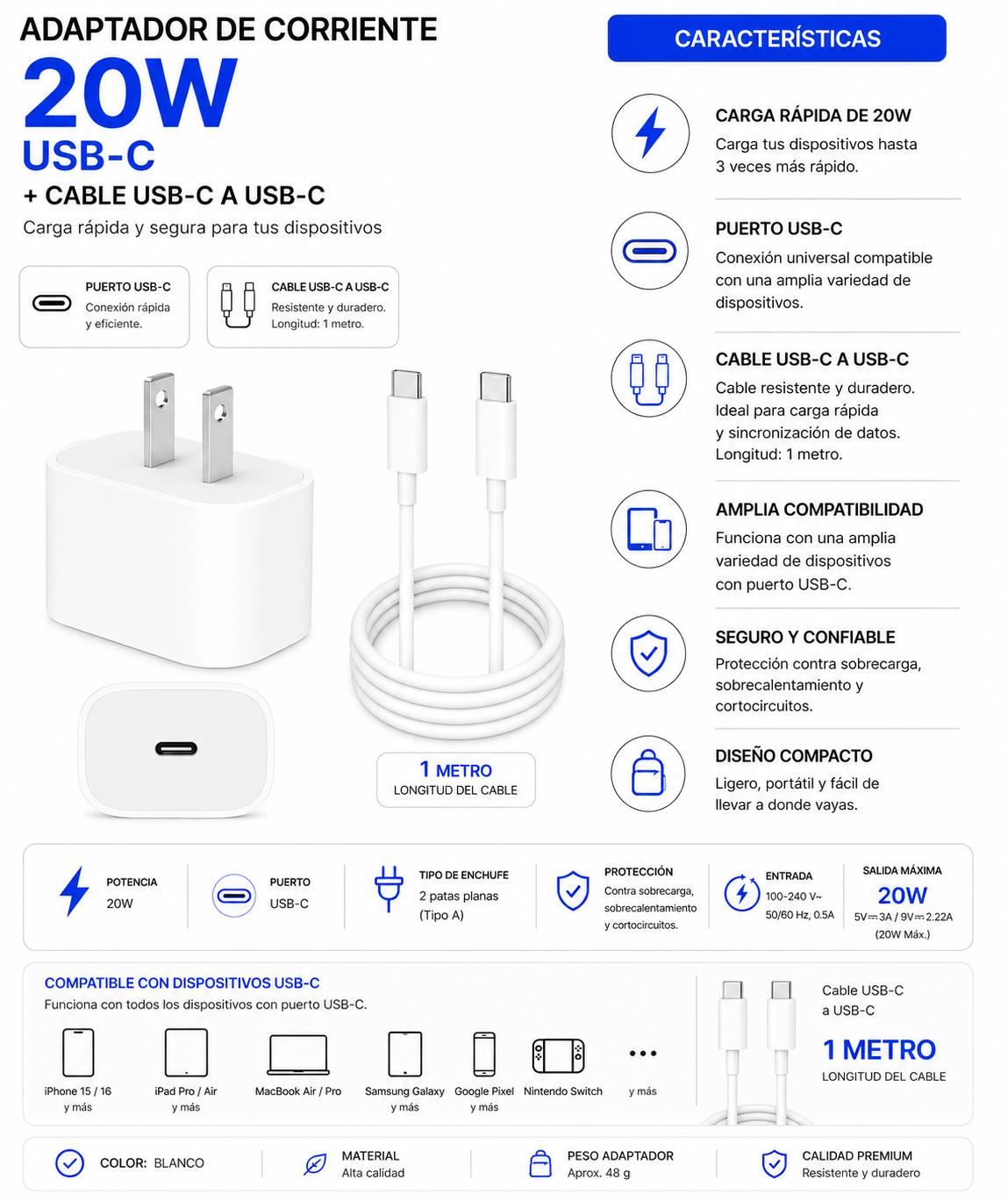 Apple - Pack cargador 20w + Cable Tipo C 1 metros